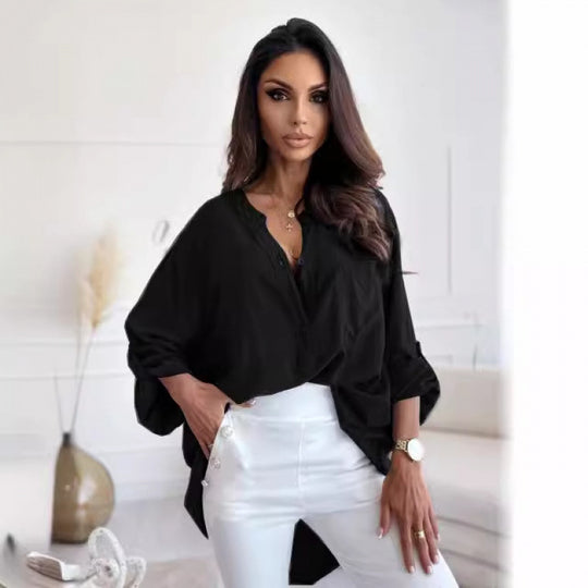 Femme Leichte Button-Up Bluse mit hochkrempelbaren Ärmeln Heidi-Mode