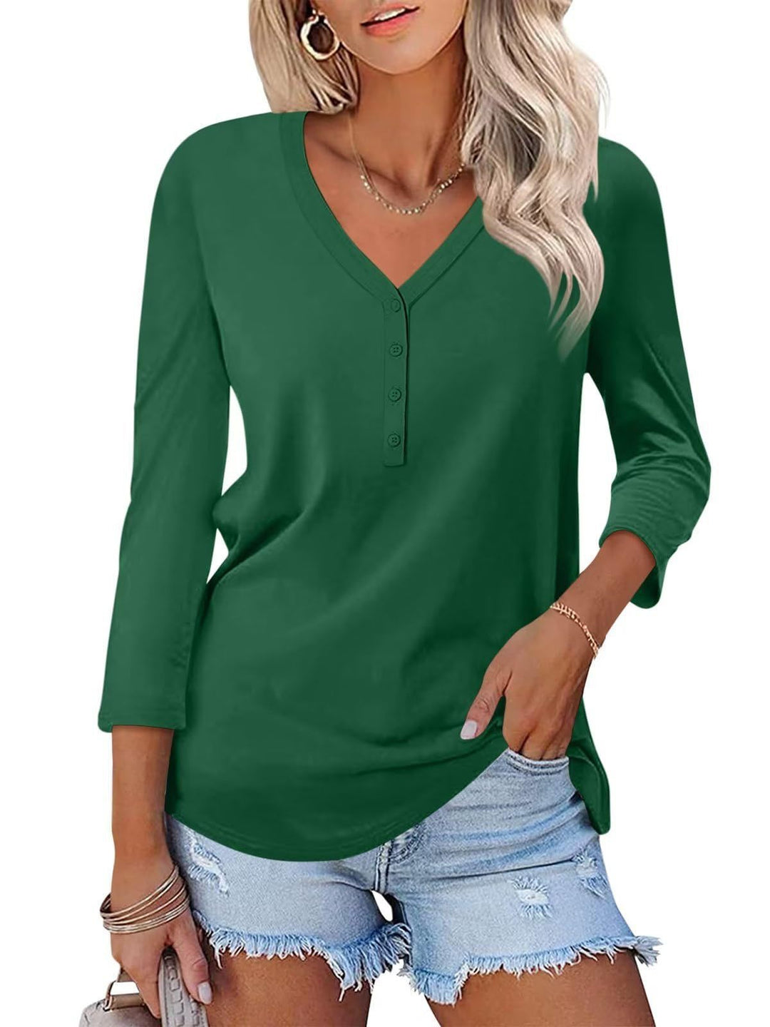 Damen Langarm T-Shirt mit Knopfleiste und V-Ausschnitt Heidi-Mode