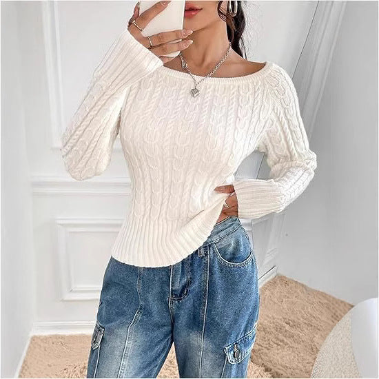 Damen Grobstrick Pullover mit offener Schulterpartie und Zopfmuster Heidi-Mode