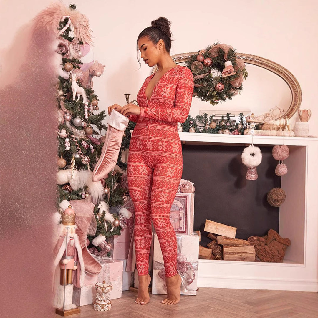 Damen Gemütlicher Jumpsuit mit Weihnachtsmotiv und langer Arm Heidi-Mode