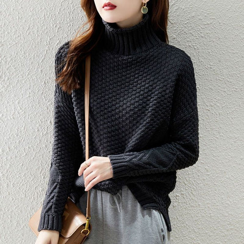 Damen Grobstrickpullover mit hohem Kragen und strukturiertem Design Heidi-Mode