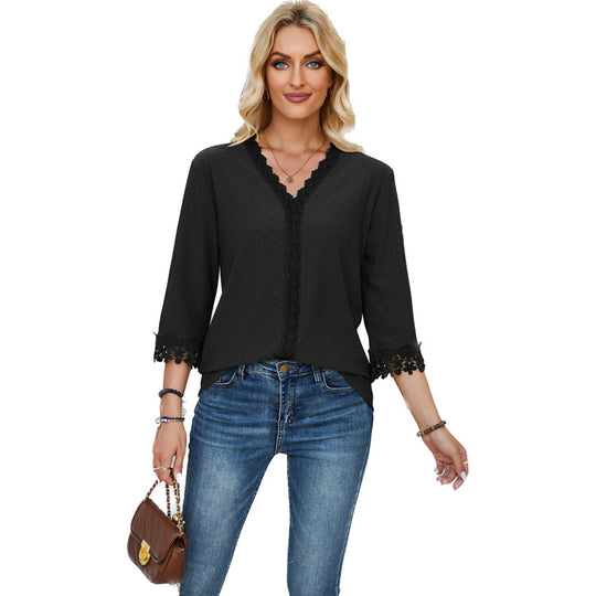 Damen Bluse mit dekorativem Lochmuster und Spitzendetail Heidi-Mode