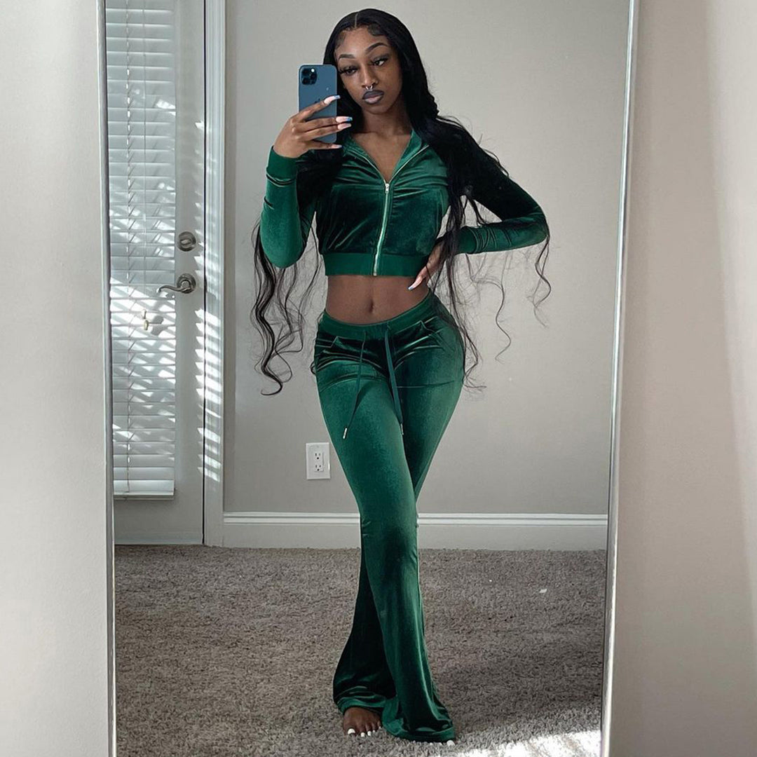 Damen Komfortables Lounge-Set aus weichem Veloursstoff mit Zip-Oberteil und weitem Bein Heidi-Mode