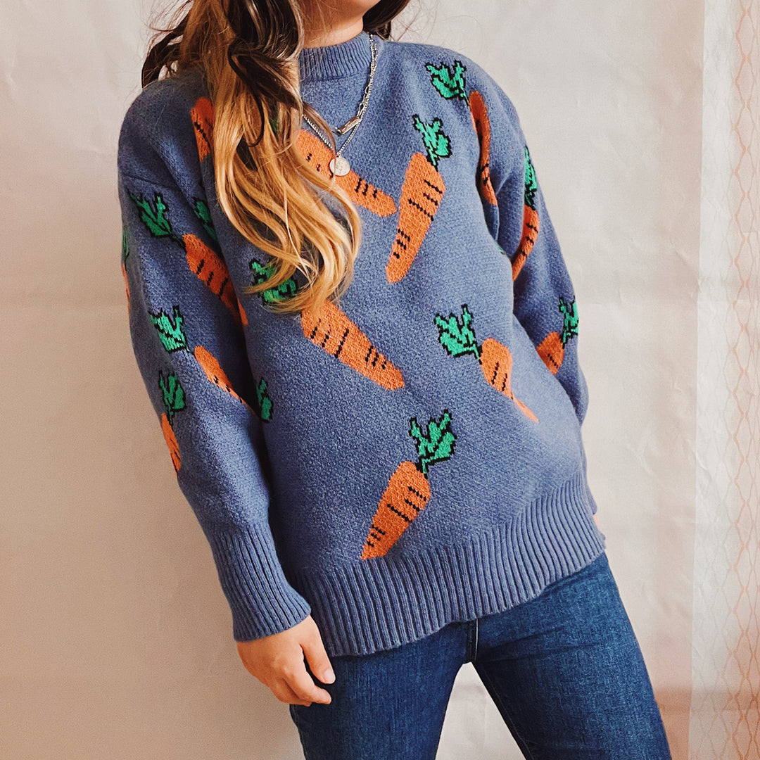 Damen lässiger Pullover mit buntem Karottenmotiv Heidi-Mode