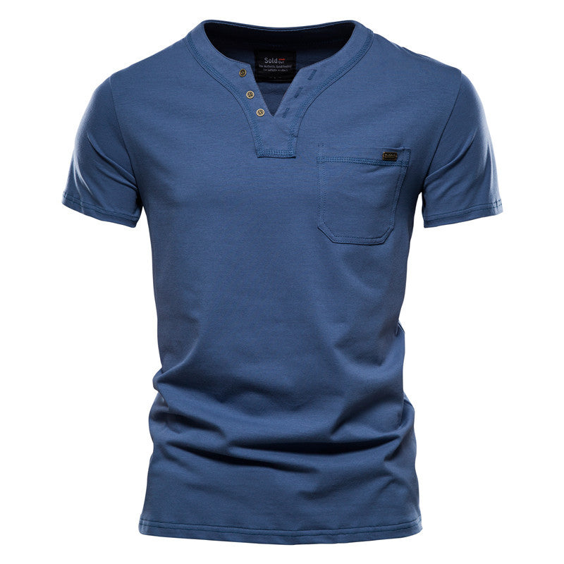 Herren V-Ausschnitt T-Shirt mit Druckknöpfen und Brusttasche Heidi-Mode