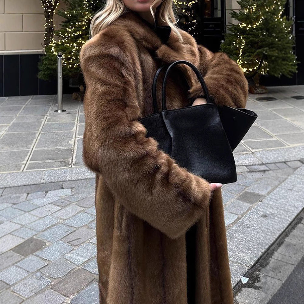 Damen Langer Kunstfellmantel mit breitem Revers und lässigem Schnitt Heidi-Mode