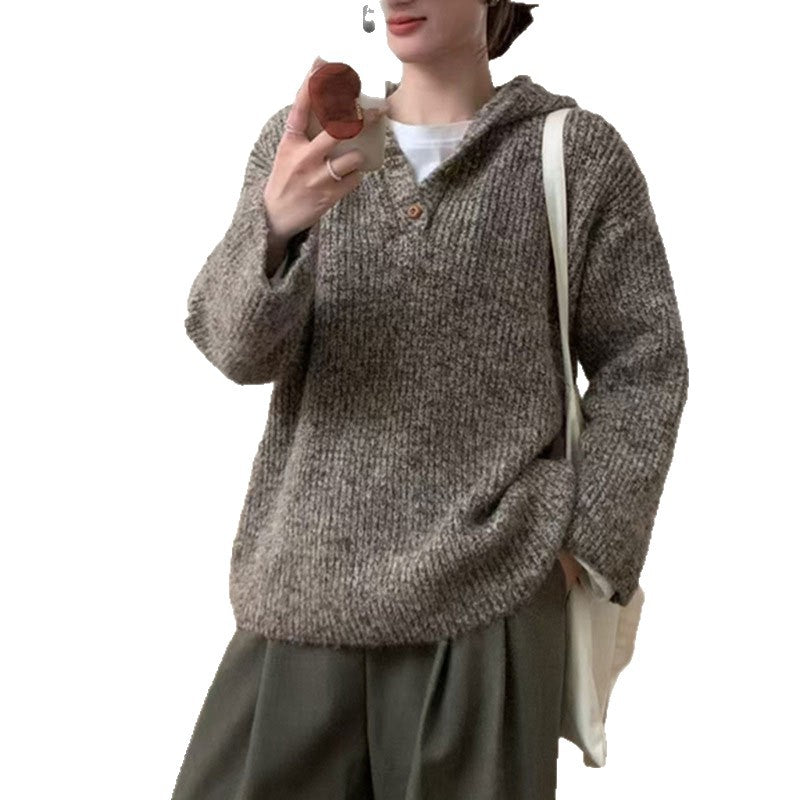 Damen bequemer Strickpullover mit Knopfleiste und Kapuze Heidi-Mode
