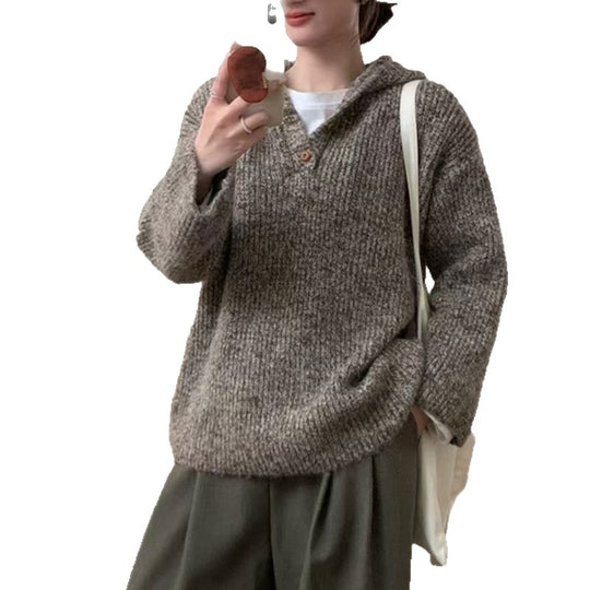 Damen bequemer Strickpullover mit Knopfleiste und Kapuze Heidi-Mode