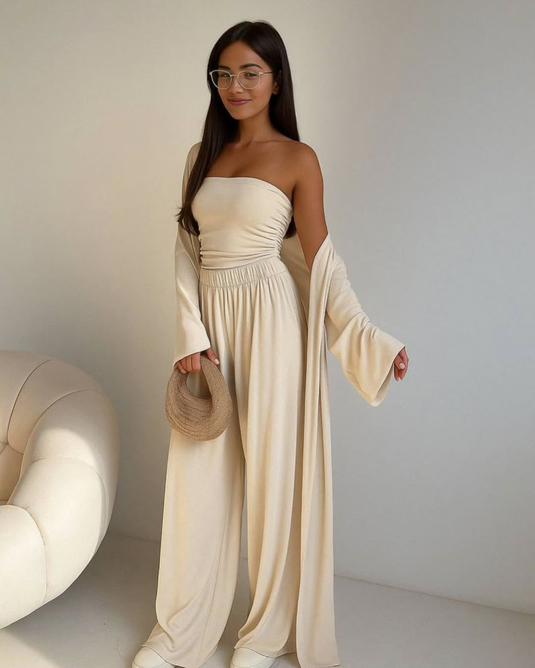 Damen elegantes 3-teiliges Set mit weitem Hosen und tailliertem Oberteil Heidi-Mode