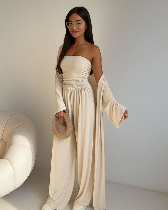 Damen elegantes 3-teiliges Set mit weitem Hosen und tailliertem Oberteil Heidi-Mode