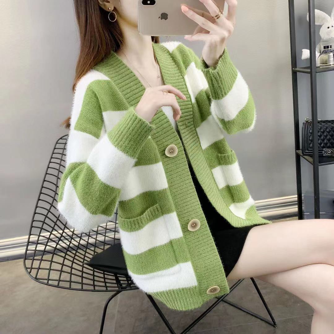 Damen Grobstrick-Cardigan mit Breton-Streifen und praktischen Taschen Heidi-Mode