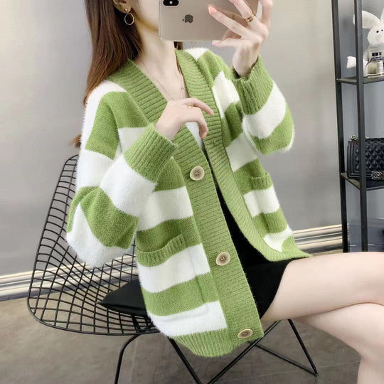 Damen Grobstrick-Cardigan mit Breton-Streifen und praktischen Taschen Heidi-Mode