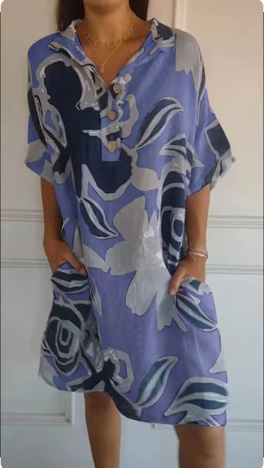 Damen luftiges Strandkleid mit modischem Muster und seitlichen Taschen Heidi-Mode