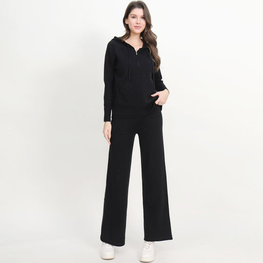 Damen lässiges Strick-Loungewear-Set mit Kapuze und weitem Bein Heidi-Mode