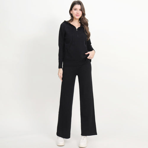 Damen lässiges Strick-Loungewear-Set mit Kapuze und weitem Bein Heidi-Mode