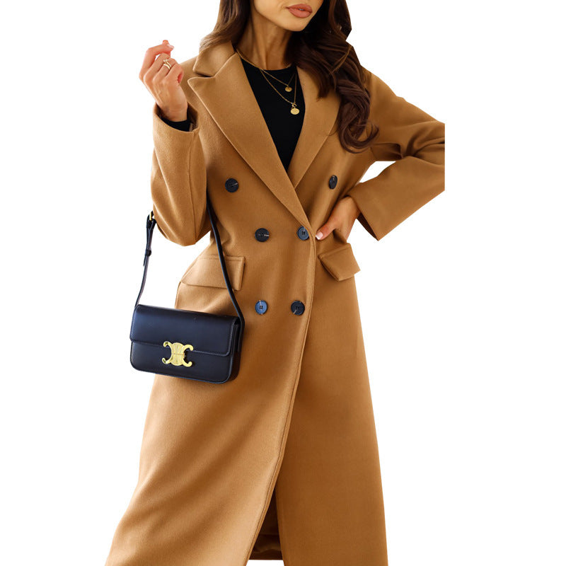 Damen Eleganter Doppelt-gesetzter Wollmantel mit Taschen Heidi-Mode