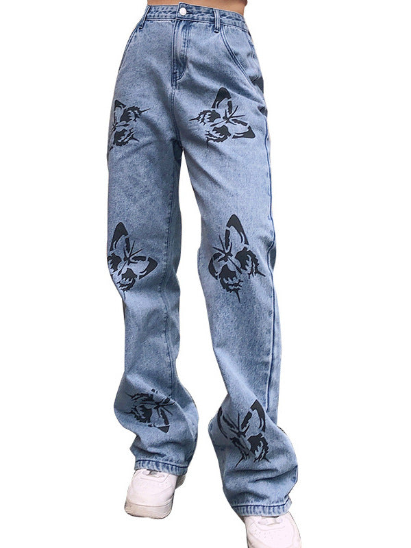 Damen Weit geschnittene Jeans mit kreativem Schmetterlingsdruck Heidi-Mode