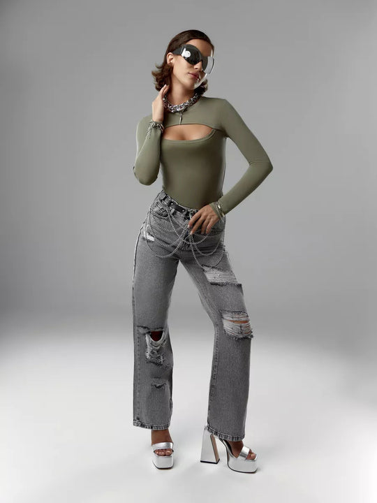 Damen modisches Langarmoberteil mit raffiniertem Cut-Out Heidi-Mode