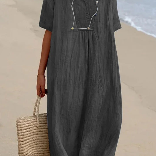 Damen lässiges Midi-Kleid mit V-Ausschnitt und bequemen Kurzärmeln Heidi-Mode