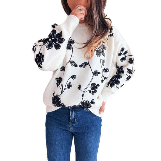 Damen lässiger Pullover mit floralem Stickdesign und modernem Schnitt Heidi-Mode
