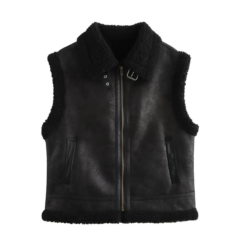 Damen Teddyweste mit hohem Kragen und Kunstlederelementen Heidi-Mode