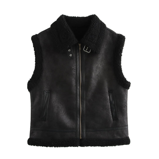 Damen Teddyweste mit hohem Kragen und Kunstlederelementen Heidi-Mode