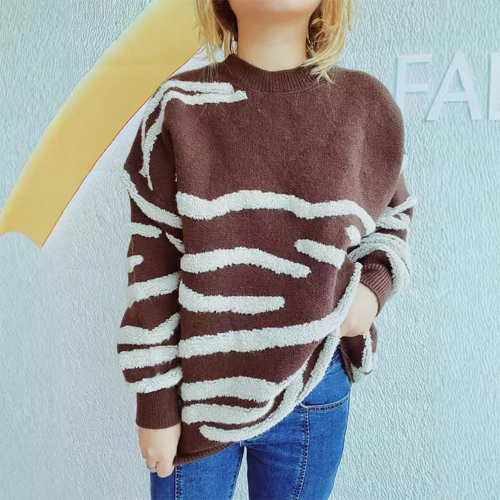 Damen lässiger Strickpullover mit modernem Zebrastreifenmuster Heidi-Mode