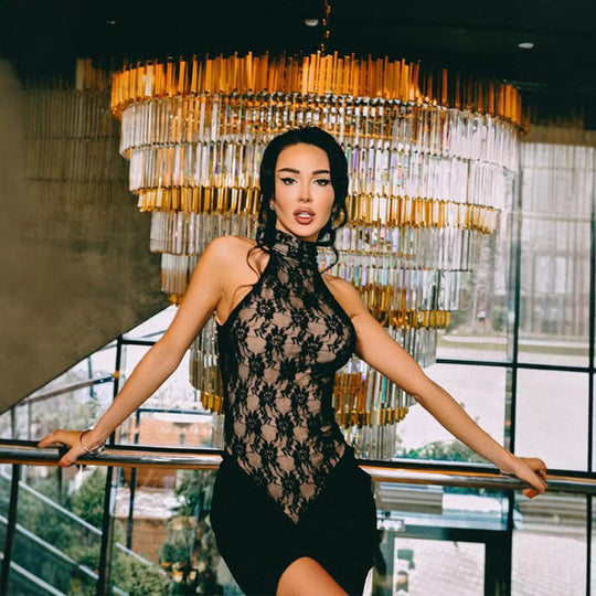 Damen elegantes Transparentes Spitzenkleid mit asymmetrischem Rock Heidi-Mode