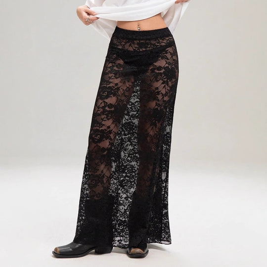 Damen Maxirock aus eleganter Spitze mit hohem Schlitz und voluminösem Schnitt Heidi-Mode