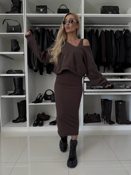 Damen modisches Kleidungsensemble mit asymmetrischem Schnitt und weichem Baumwollmaterial Heidi-Mode