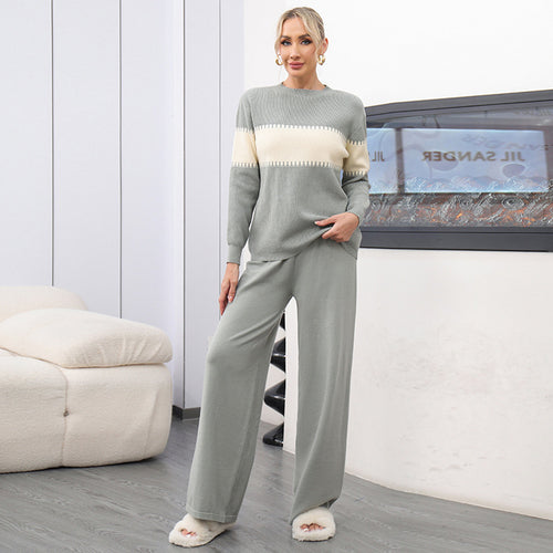 Damen gemütliches Strick-Loungewear-Set mit elegantem Strukturmuster und weitem Bein Heidi-Mode
