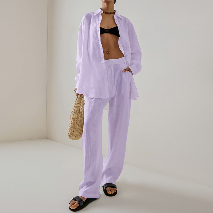 Damen luftiges Leinen-Hemd und Palazzo-Hose-Set Heidi-Mode