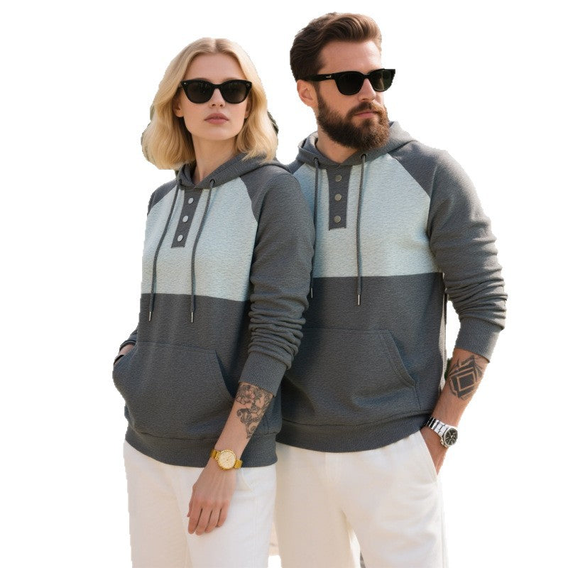 Herren Kapuzensweater mit modernem Henley-Ausschnitt und kontrastierenden Ärmeln Heidi-Mode