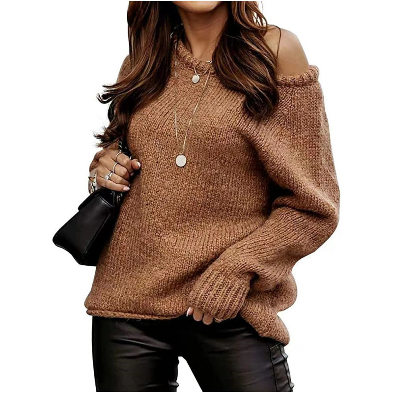 Damen lässiger Pullover mit offenem Schulterdesign und weichem Strick Heidi-Mode