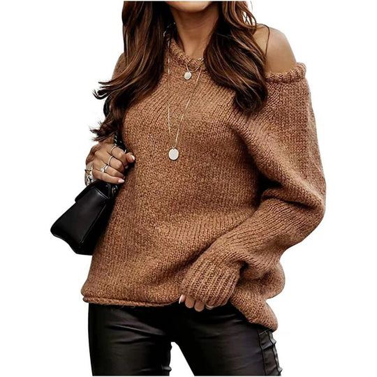 Damen lässiger Pullover mit offenem Schulterdesign und weichem Strick Heidi-Mode