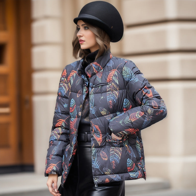 Damen gesteppte Winterjacke mit buntem Kunstdesign und praktischen Taschen Heidi-Mode