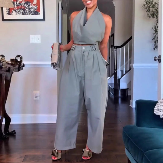 Damen Halterneck Satin Overall mit taillierten Hosen Heidi-Mode
