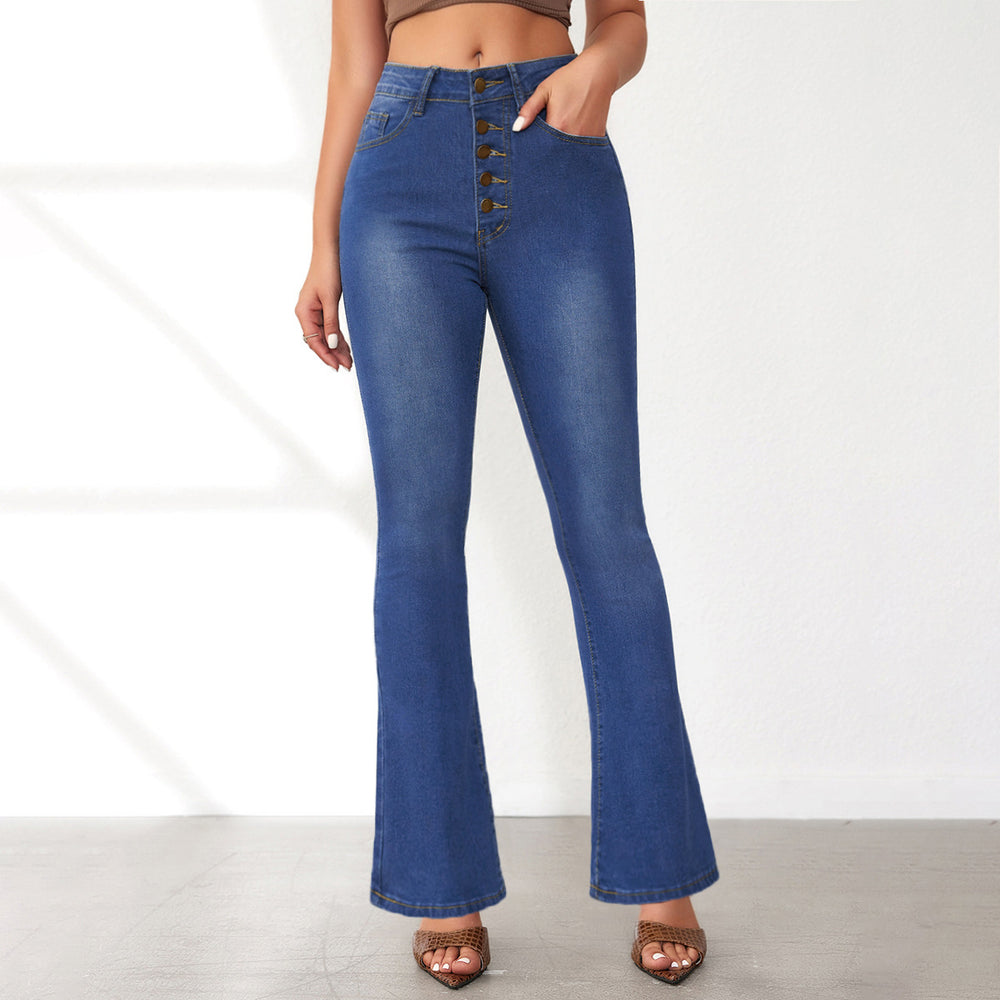 Damen Flared Jeans mit Knopfverschluss und hohem Bund Heidi-Mode