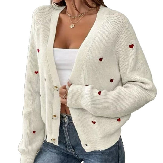 Damen Strickjacke mit Herzapplikationen und Knopfdesign Heidi-Mode