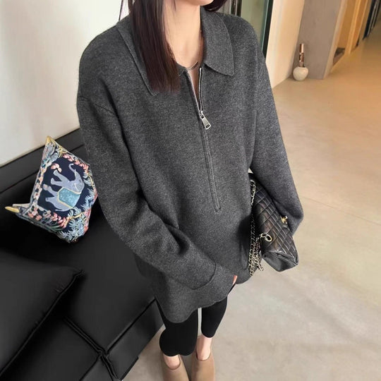 Damen Modischer Pullover mit Reißverschluss und Kragen Heidi-Mode