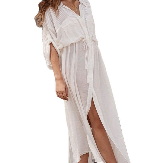 Damen Luftiges Strandüberwurfkleid mit Taillenkordel und durchgehender Knopfleiste Heidi-Mode