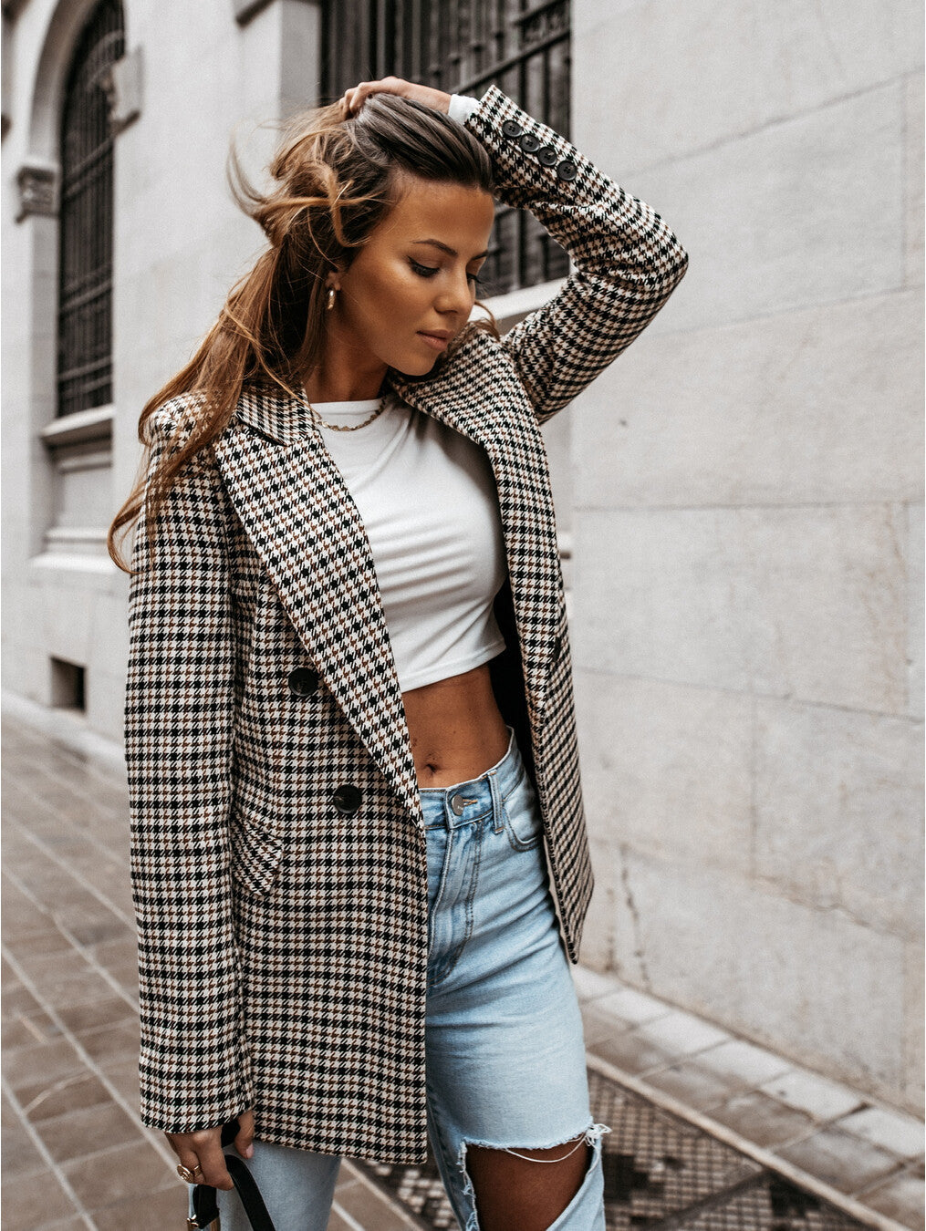 Damen lässiger Oversized-Blazer mit klassischem Hahnentrittmuster Heidi-Mode