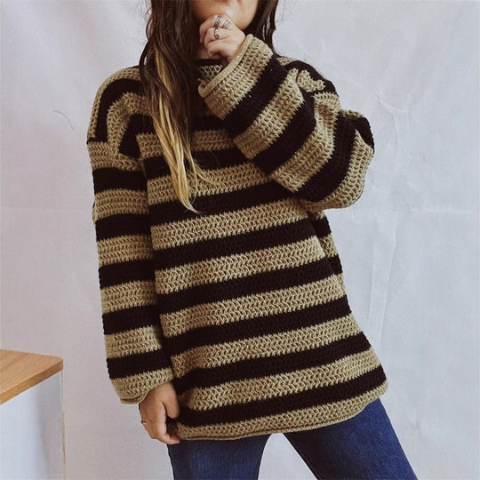Damen lässiger Strickpullover mit kontrastierenden Streifen und weitem Schnitt Heidi-Mode