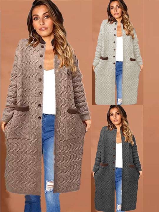 Damen Strickmantel mit großem Zopfdesign und praktischen Taschen Heidi-Mode