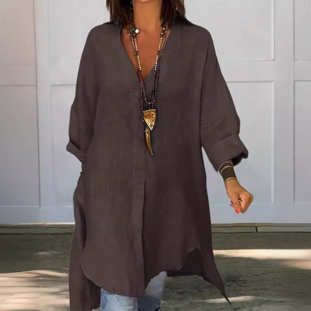 Damen Lässige Leinenbluse mit durchgehender Knopfleiste und umschlagbaren Ärmeln Heidi-Mode