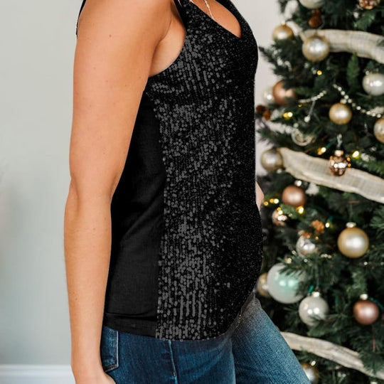 Damen Glitzer Top mit feinen Pailletten und V-Ausschnitt Heidi-Mode