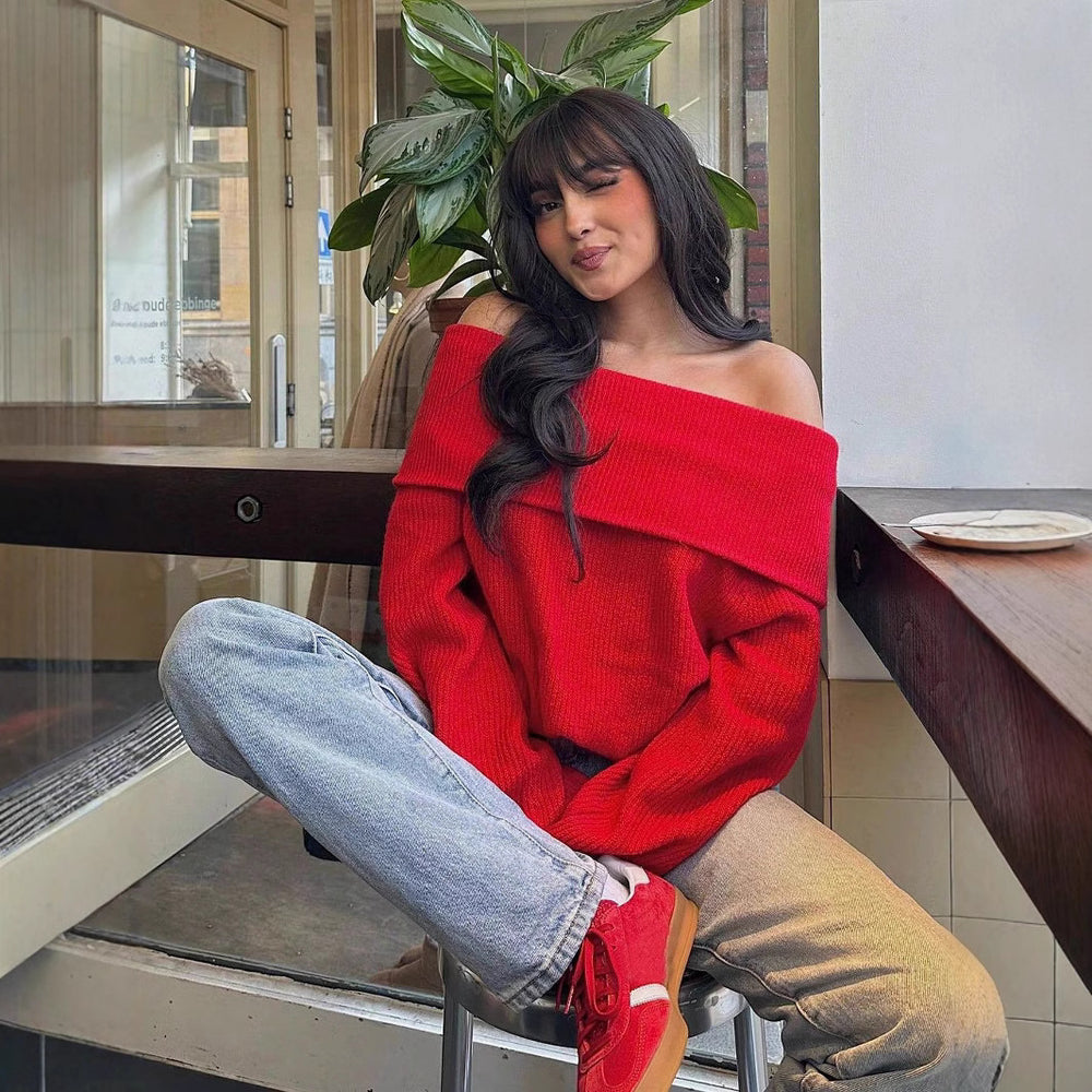 Damen lässiger Pullover mit weitem Kragen und strukturierter Maschenart Heidi-Mode