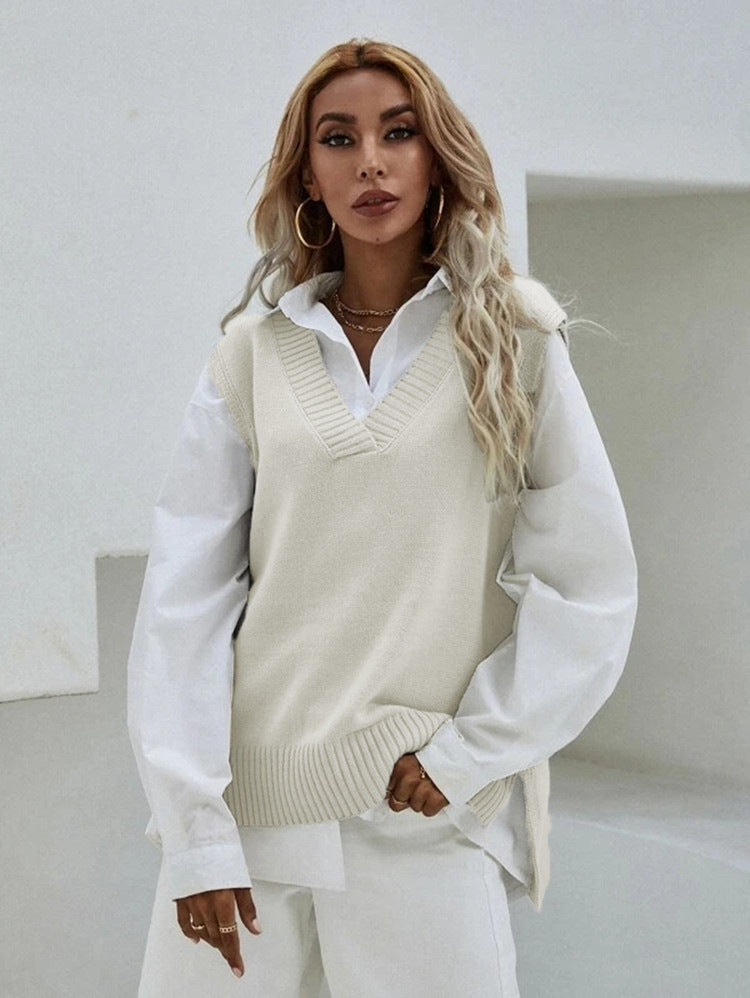 Damen Strickweste mit V-Ausschnitt und eleganter Rippenstruktur Heidi-Mode