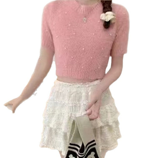 Damen cropped Pullover mit zarten Perlen Heidi-Mode