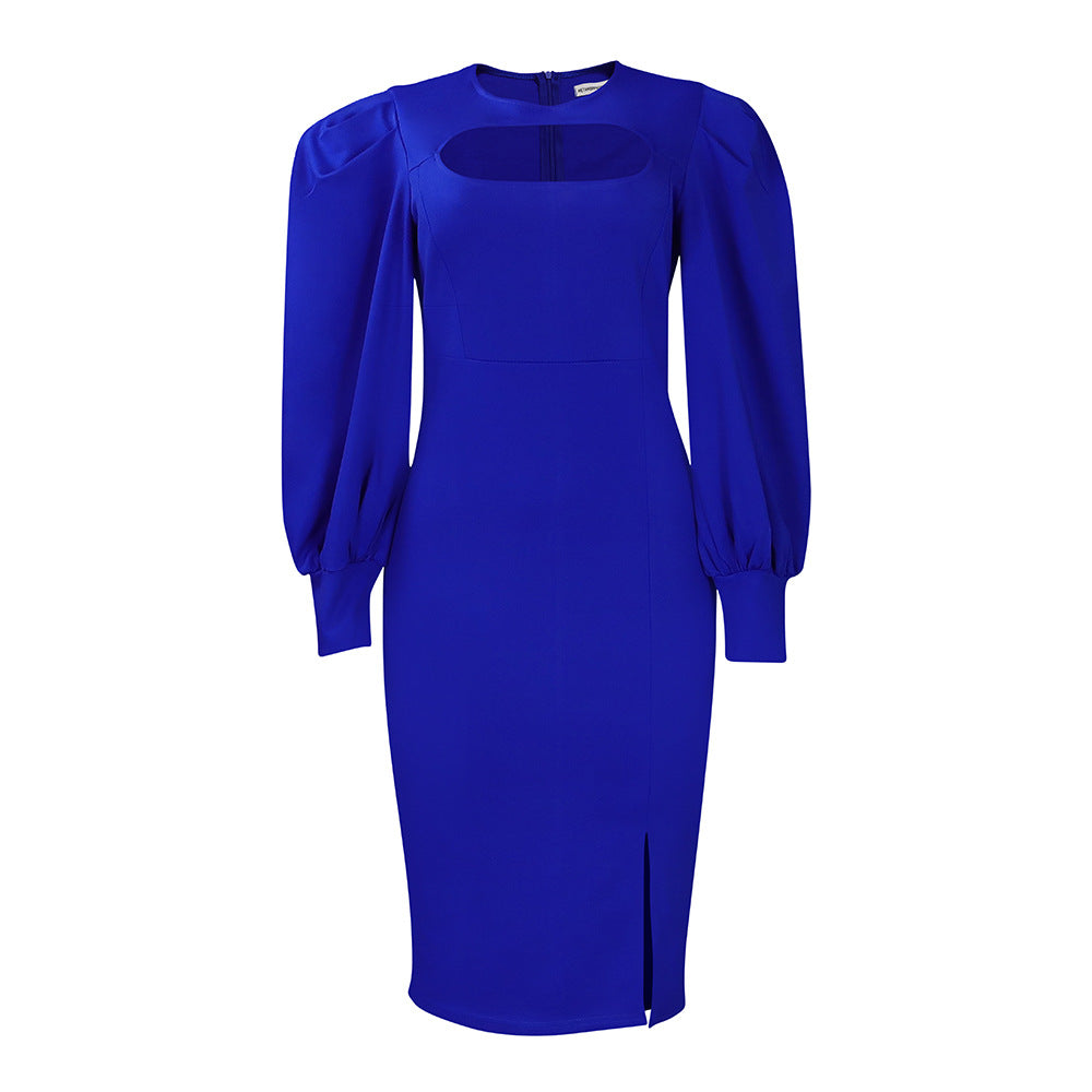 Damen Etuikleid mit angeschnittenen Puffärmeln und trendigem Cut-Out Heidi-Mode